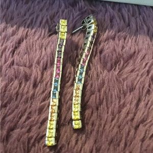 Vintage Solid Sterling Silver Natural Gemstone Line Earrings